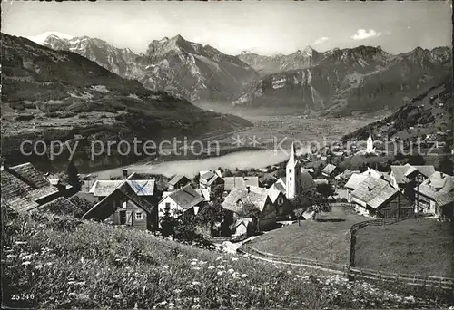 Amden SG Ortsansicht mit Kirche Panorama Walensee Glarneralpen Kat. Amden