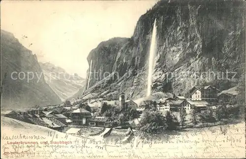 Lauterbrunnen BE und Staubbach Ortsblick mit Wasserfall Kat. Lauterbrunnen