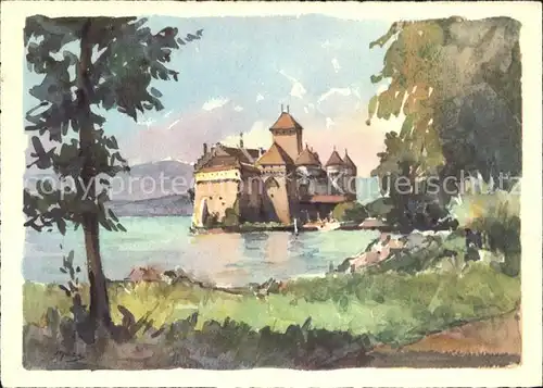 Chillon Chateau de Chillon Aquarell Kat. Montreux