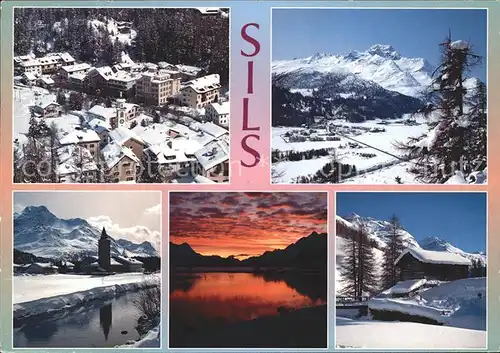 Sils Engadin Graubuenden mit Sils Maria Sils Baselgia Fextal und Piz Margna Silsersee bei Nacht Kat. 