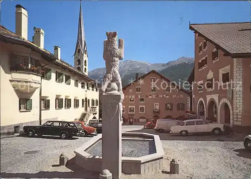 Zuoz GR Dorfplatz mit Kirche und Brunnen Kat. Zuoz