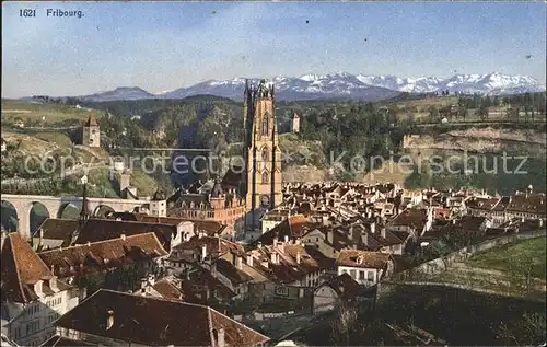 Fribourg FR Vue generale et la Cathedrale Kat. Fribourg FR