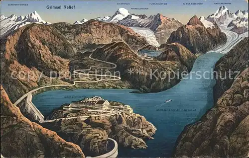 Grimsel Pass Stausee Hospiz Rhonegletscher Totensee Finsteraarhorn Reliefkarte / Grimsel /Rg. Innertkirchen