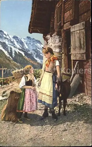 Grindelwald Almidylle Sennerin mit Kind und Ziege Kat. Grindelwald