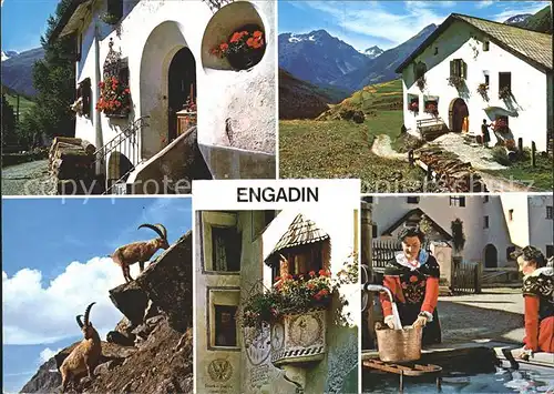 Engadin GR Engadiner Haeuser Erker Steinboecke Engadinerinnen am Dorfbrunnen / St Moritz /Bz. Maloja