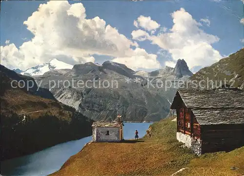 Bad Vals GR Kapelle Frunt mit Zerfreila Stausee und Zerfreilahorn Kat. Vals