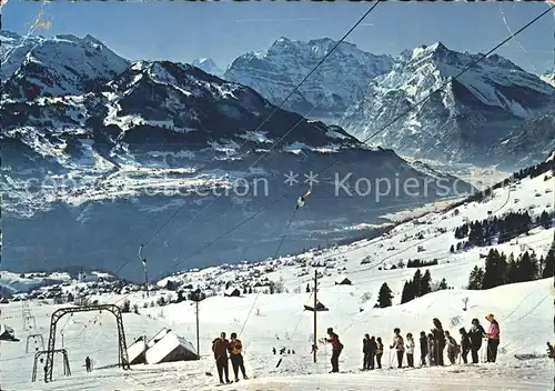 Amden SG Skilift Mattstock auf Alp Walau mit Walensee Kerenzerberg und Glarneralpen Kat. Amden