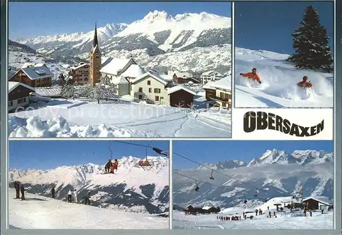 Obersaxen Meierhof Ortsansicht Kirche Skigebiet Stai und Kartitschka mit den Brigelserhoerner Sessellift Kat. Obersaxen