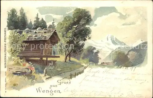 Wengen BE Kuenstlerkarte Huette Litho Kat. Wengen