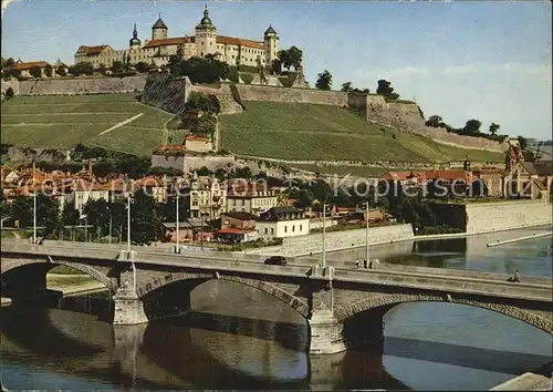 Wuerzburg Loewenbruecke mit Festung Marienburg Kat. Wuerzburg