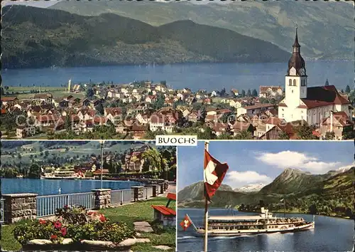 Buochs Ortsansicht mit Kirche Vierwaldstaettersee Uferpromenade Dampfer Schweizer Flagge Kat. Buochs