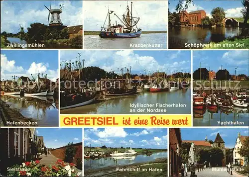 Greetsiel Zwillingsmuehlen Krabbenkutter Schoepfwerk Faehrschiff Hafen Kat. Krummhoern