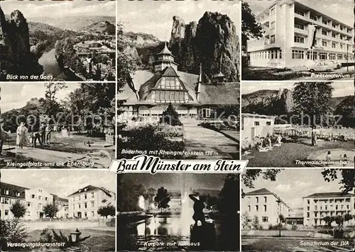 Bad Muenster Stein Ebernburg Panorama Blick von der Gans Kleingolfplatz Kuranstalt Baederhaus Rheingrafenstein Kurpark Sanatorium Thermalschwimmbad Kat. Bad Muenster am Stein Ebernburg