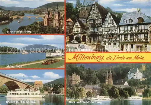 Miltenberg Main Blick von der Burg Marktplatz Bruecke Faehrschiff Goethe Mildenburg Kat. Miltenberg