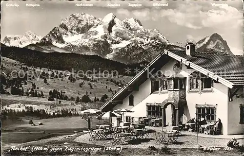 Mittenwald Bayern Tonihof Cafe Restaurant mit Zugspitzgruppe Kat. Mittenwald