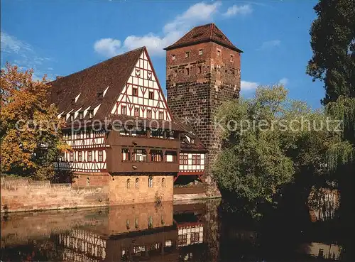 Nuernberg Partie an der Pegnitz mit dem Henkersteg Fachwerkhaus Turm Kat. Nuernberg