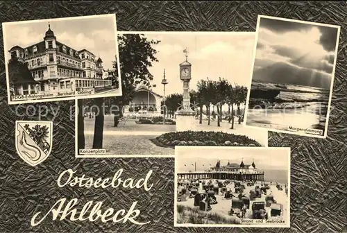 Ahlbeck Ostseebad FDGB Erholungsheim Konzertplatz Standuhr Morgenstimmung am Meer Strand Seebruecke Kat. Heringsdorf Insel Usedom