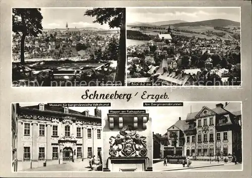 Schneeberg Erzgebirge Panorama Museum fuer bergmaenn Volkskunst Wappen am Rathausturm Bergmannsbrunnen Kat. Schneeberg