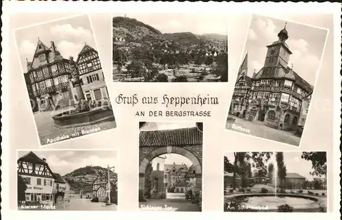 Heppenheim Bergstrasse Apotheke mit Brunnen Panorama Rathaus Kleiner Markt Sickinger Tor Schwimmbad Kat. Heppenheim (Bergstrasse)