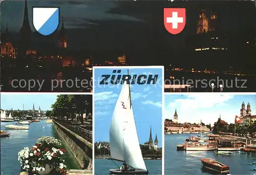 Zuerich Ortsansichten Boote Zuerich bei Nacht Wappen Kat. Zuerich