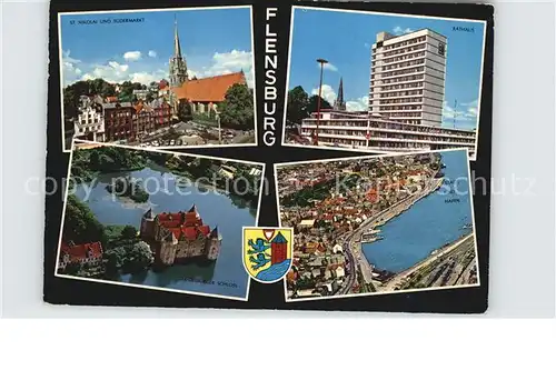 Flensburg St Nikolai und Suedermarkt Rathaus Fliegeraufnahmen Gluecksburger Schloss Stadt und Hafen Kat. Flensburg