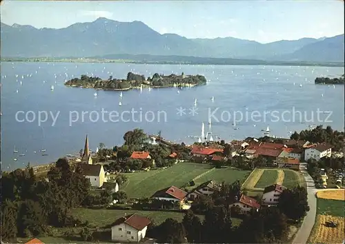 Gstadt Chiemsee Fliegeraufnahme mit Fraueninsel Kat. Gstadt a.Chiemsee