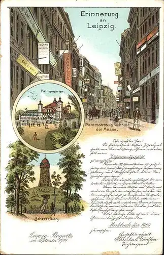 Leipzig Petersstrasse waehrend der Messe Palmengarten Scherbelberg Aussichtsturm Litho Kat. Leipzig