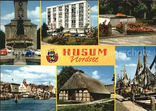 Husum Nordfriesland Brunnen Denkmal Parkhotel Hafen Fischkutter Reetdachhaus Kat. Husum