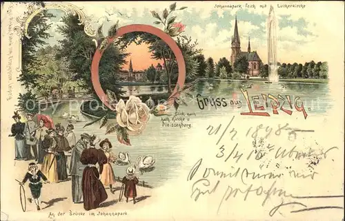 Leipzig Johannapark Teich Fontaene Lutherkirche Pleissenburg Litho Kat. Leipzig