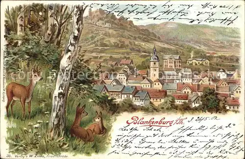 Blankenburg Bad Ansicht vom Waldrand aus Rehe Litho Kat. Bad Blankenburg