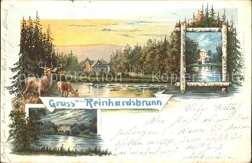 Reinhardsbrunn Schloss bei Sonnenaufgang und im Mondschein Teich Hirsch Reh Litho Kat. Friedrichroda