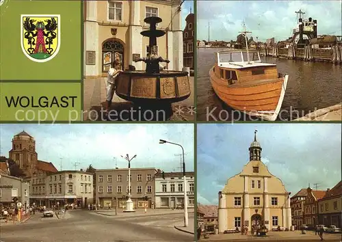 Wolgast Mecklenburg Vorpommern Rathausbrunnen Faehrschiff Stralsund Platz der Jugend Rathaus Kat. Wolgast