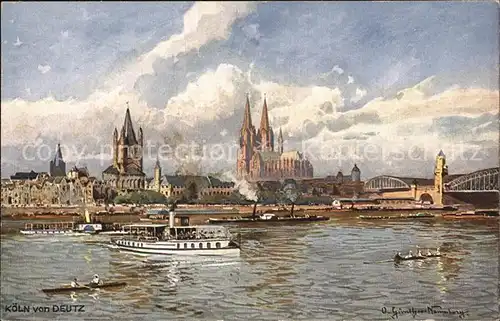 Koeln Rhein Rheinansicht von Deutz mit Fahrgastschiff und Dom Kat. Koeln