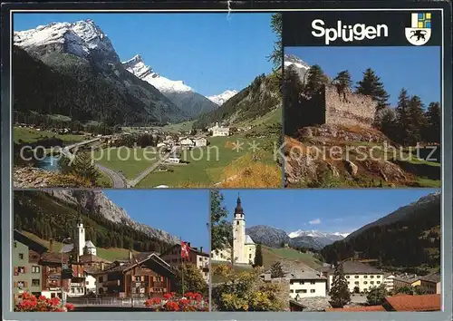 Spluegen GR Panorama Kirchen Burg Kat. Spluegen