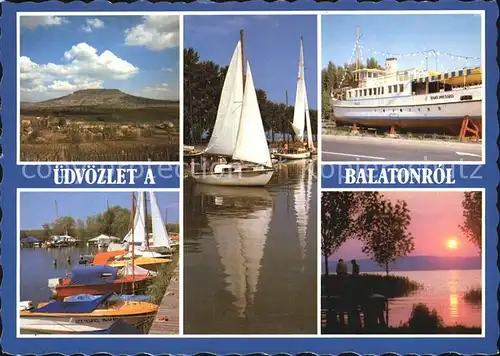 Balaton Plattensee Landschaftspanorama Hafen Segelboote Faehre Sonnenuntergang Kat. Ungarn