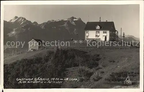 Gais AR Gasthaus Gaebris Blick auf Saentis und Altmann Appenzeller Alpen Kat. Gais