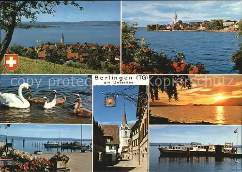 Berlingen Untersee Panorama Bodensee Schwaene Hafen Kirche Faehre Sonnenuntergang Kat. Berlingen