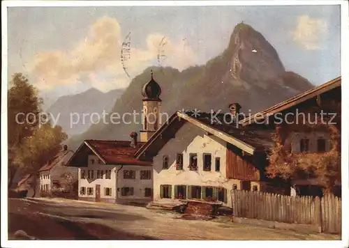 Oberammergau Kirche Kofel Heimkunstkarte Kat. Oberammergau