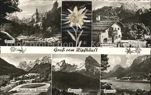 Ramsau Berchtesgaden Gasthaus Zipfhaeusl Kirche Sahnegletscher Alpenstrasse Reiteralpe Watzmann Hintersee Edelweiss Kat. Ramsau b.Berchtesgaden