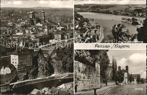 Passau Stadtbild mit Dom St Stephan Dreifluessemuendung Innkai Kat. Passau