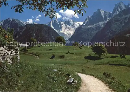 Soglio Blick gegen Sciora Gruppe hier entstand Segantinis Gemaelde "Werden" Kat. Soglio