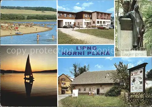 Lipno Horni Plana Stausee Badestrand Segeln Gaststaette Restaurant Denkmal Statue