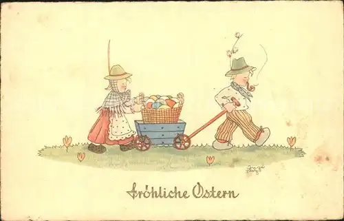 Ostern Easter Paques Holzwagen Ostereier Kinder  Kat. Greetings