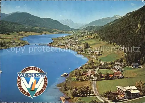 Weissensee Kaernten Fliegeraufnahme Hoechster Badesee der Alpen Kat. Weissensee