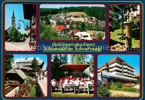 Schoenwald Schwarzwald Kirche Ortsblick Brunnen Cafe Wohnblock Kat. Schoenwald im Schwarzwald