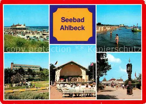 Ahlbeck Ostseebad Strand und Seebruecke Strand FDGB Erholungsheim Max Kreuziger Konzertpavillon Stranduhr Kat. Heringsdorf Insel Usedom