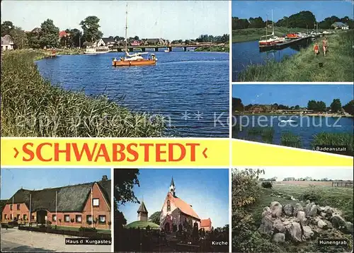 Schwabstedt Panorama Frachter Badeanstalt Haus des Kurgastes Kirche Huenengrab Kat. Schwabstedt