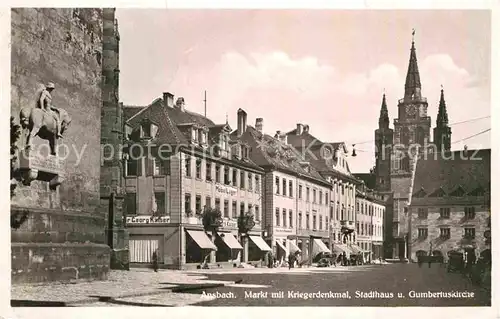 Ansbach Mittelfranken Markt mit Kriegerdenkmal Stadthaus und Gumbertuskirche Kat. Ansbach