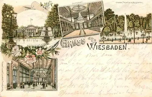 Wiesbaden Kurgarten Grosse Fontaine Kochbrunnen Kurhaus Kat. Wiesbaden