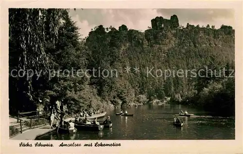 Rathen Saechsische Schweiz Amselsee Ruderboot Lokomotive Elbsandsteingebirge Kat. Rathen Sachsen